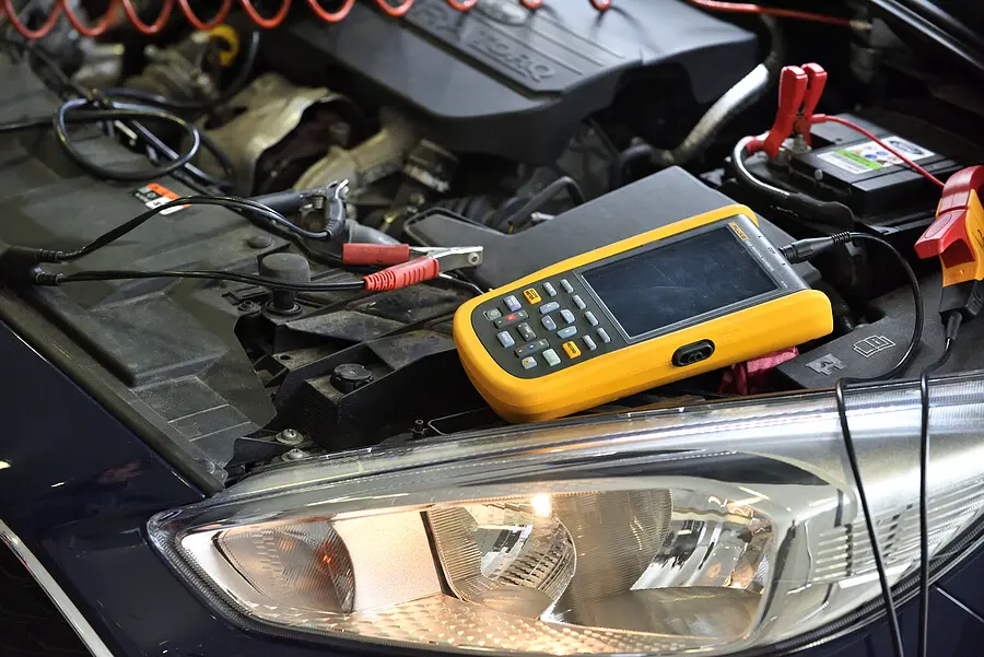 Diagnostics machine sitting under the hood of a car