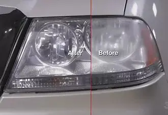 Before and after of headlight lens restoration
