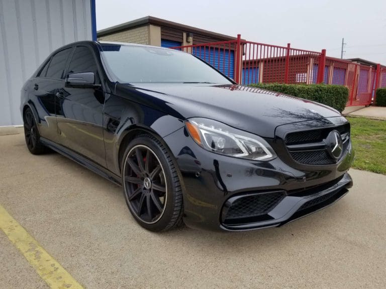 Black Mercedes-Benz E-Class AMG sedan at Accelerate Auto Repair in Rowlett