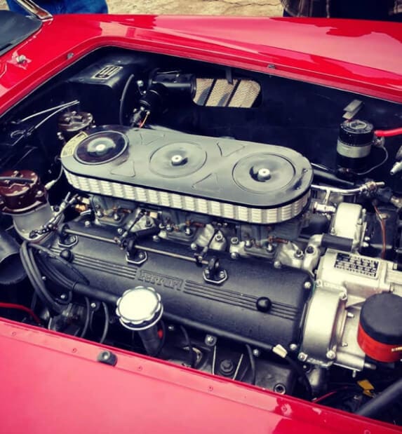 A close-up view of a vehicle engine.