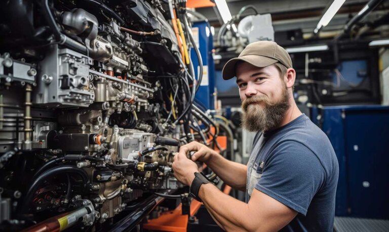 A person working beside an engine.